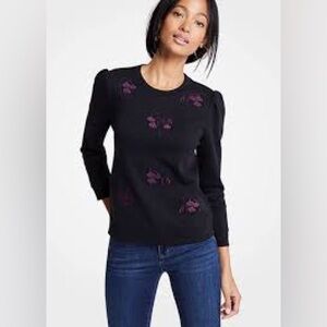 Ann Taylor Black Sweatshirt with Pink Floral Embroidery in Large